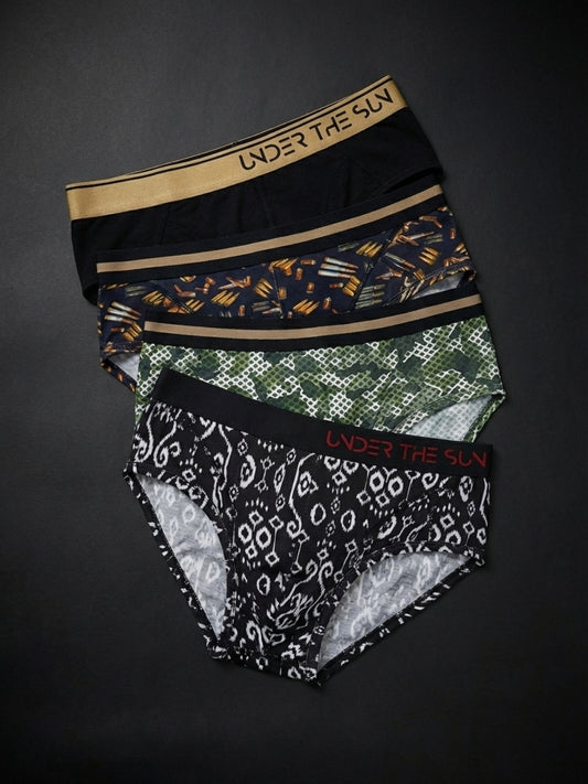 Pack of 4 | Rhythem Ikat, Predator, Firepower & Noir Gold Briefs